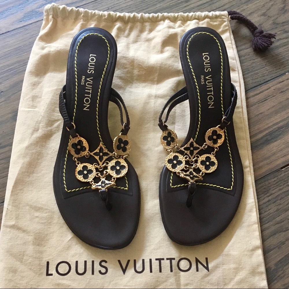 Louis Vuitton Brown leather gold chainlink sandals